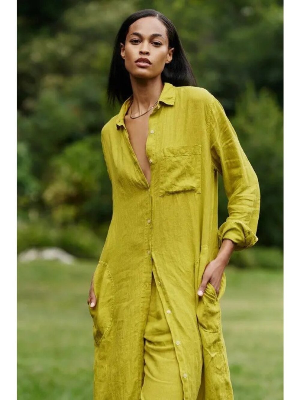 Velvet By Graham & Spencer Chartreuse Button-Down Midi Shirt Dress